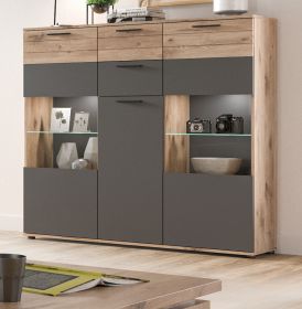 Highboard Tomaso in Nox Eiche und Basalt grau, Kommode 140 x 134 cm mit Soft-Close