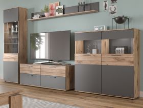 Wohnwand Tomaso in Nox Eiche und Basalt grau Wohnkombination 4-teilig 327 x 200 cm