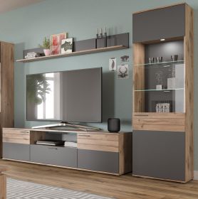 Wohnwand Tomaso in Nox Eiche und Basalt grau Wohnkombination 3-teilig 266 x 200 cm