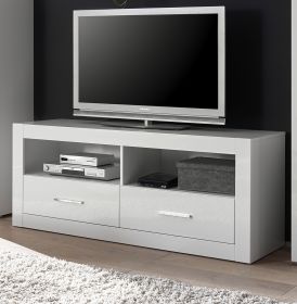 TV-Lowboard Carrara in weiß Hochglanz TV Unterteil in Komforthöhe auf Rollen 150 x 61 cm TV-Lowboard Carrara in weiß Hochglanz TV Unterteil in Komforthöhe auf Rollen 150 x 61 cm