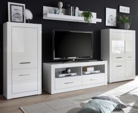 Wohnwand Carrara in weiß Hochglanz Wohnkombination 4-teilig 335 x 170 cm Wohnwand Carrara in weiß Hochglanz Wohnkombination 4-teilig 335 x 170 cm