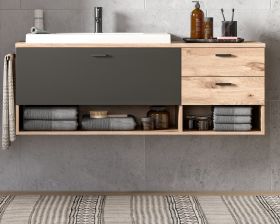 Waschbeckenunterschrank MIT Waschbecken Oderzo in Eiche und grau, Waschtisch 138 cm Soft-Close Waschbeckenunterschrank MIT Waschbecken Oderzo in Eiche und grau, Waschtisch 138 cm Soft-Close
