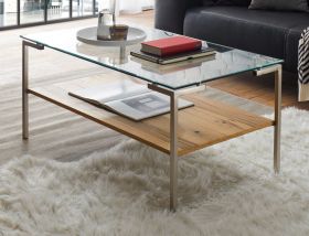 Couchtisch Glasgow in Glas und Eiche Beistelltisch mit Ablage 110 x 60 cm Couchtisch Glasgow in Glas und Eiche Beistelltisch mit Ablage 110 x 60 cm