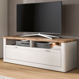 TV-Lowboard Michigan in wei matt und Eiche TV Unterschrank 154 cm mit Komforthhe und Soft-Close