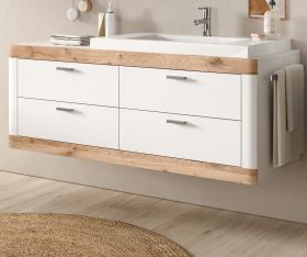 Waschbeckenunterschrank MIT Waschbecken Sopela in weiß matt und Nox Eiche Landhaus Waschtisch hängend 133 cm Waschbeckenunterschrank MIT Waschbecken Sopela in weiß matt und Nox Eiche Landhaus Waschtisch hängend 133 cm