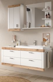 Badmöbel Set mit Waschbecken Sopela weiß und Nox Eiche Landhaus Kombination hängend 133 cm, Soft-Close Badmöbel Set mit Waschbecken Sopela weiß und Nox Eiche Landhaus Kombination hängend 133 cm, Soft-Close