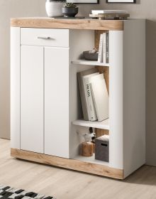 Kommode Sopela wei und Nox Eiche Landhaus Highboard 91 x 104 cm, Soft-Close