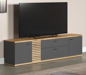 TV-Lowboard Norris in grau und Evoke Eiche TV Unterteil mit Soft-Close 202 x 55 cm TV-Lowboard Norris in grau und Evoke Eiche TV Unterteil mit Soft-Close 202 x 55 cm