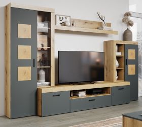 Wohnwand Tyler in grau und Evoke Eiche Schrankwand 331 x 206 cm