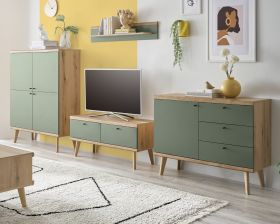 Wohnwand Juna in Salbei und Evoke Eiche Wohnkombination skandinavisch 4-teilig 341 cm