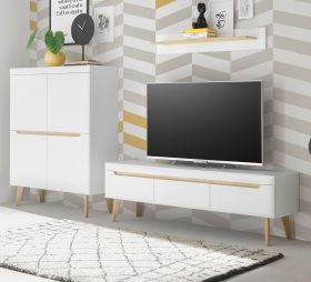 Wohnwand Isgard in wei matt und Scandi Eiche Wohnkombination skandinavisch 3-teilig 287 cm